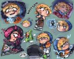  1boy 1girl ? absurdres animification apex_legends apron black_eyepatch black_hair black_jacket blue_sweater bodysuit brown_apron character_name chibi clip_studio_paint_(medium) cloud crypto_(apex_legends) cyber_punked_wattson electricity english_commentary eyepatch flower green_background highres hood hooded_jacket horns jacket kneeling looking_back loot_tick mechanical_arms nessie_(respawn) one_eye_covered open_mouth orange_jacket pants petting pink_hair pout scar scar_on_cheek scar_on_face scared short_hair single_mechanical_arm sleeping smile stuffed_toy sweater wattson_(apex_legends) white_bodysuit white_pants wiki_(juicykiwi) 