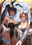  2girls :d absurdres ace_of_diamonds animal_ears asuna_(blue_archive) bangs bare_shoulders black_hair black_leotard blonde_hair blue_archive blue_bow blurry blurry_background bow bowtie breasts brown_hair card_(medium) closed_mouth covered_navel dark-skinned_female dark_skin detached_collar eyebrows_visible_through_hair fake_animal_ears fishnet_legwear fishnets four_of_clubs gloves grey_eyes hair_between_eyes hair_over_one_eye hand_on_hip highleg highleg_leotard highres holographic_monitor karin_(blue_archive) large_breasts leotard long_hair looking_at_viewer mole mole_on_breast multiple_girls open_mouth outstretched_hand own_hands_together pantyhose parted_bangs playboy_bunny ponytail rabbit_ears rabbit_tail rahy ribbon sidelocks slit_pupils smile strapless strapless_leotard tail three_of_diamonds very_long_hair white_gloves wrist_cuffs 
