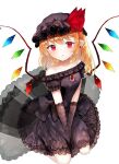  1girl alternate_costume bangs between_legs black_bow black_dress black_gloves black_headwear blush bow brooch commentary crystal dress dress_bow earrings elbow_gloves eyebrows_visible_through_hair flandre_scarlet floral_print gloves hand_between_legs hat hat_ribbon jewelry lace_trim looking_at_viewer mob_cap off-shoulder_dress off_shoulder pointy_ears red_ribbon ribbon rose_print ruby_(gemstone) sakizaki_saki-p seiza side_ponytail simple_background sitting solo touhou white_background wings 