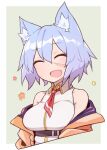  1girl alternate_costume animal_ears blue_hair blush breasts cat_ears closed_eyes collarbone eyebrows_visible_through_hair fang highres large_breasts off_shoulder open_mouth original ryota_tentei scar scar_on_cheek scar_on_face short_hair smile solo tora_tentei upper_body 