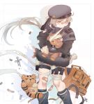  1girl aqua_hair bandaged_leg bandages beret black_gloves black_headwear black_jacket blue_footwear boots closed_mouth eyebrows_visible_through_hair feet_out_of_frame girls&#039;_frontline gloves gun handgun hat holding holding_gun holding_weapon hs2000 hs2000_(girls&#039;_frontline) hug jacket long_hair looking_away one_eye_closed patch rabb_horn red_eyes simple_background solo standing teardrop toy weapon 