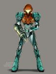  1girl arm_cannon armor bodysuit glowing highres metroid metroid_dread power_armor power_suit samus_aran science_fiction simple_background solo tanaka_(is2_p) weapon 