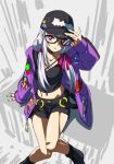  1girl black_camisole black_legwear camisole choker closed_mouth collarbone fate/grand_order fate_(series) glasses hair_ribbon hat heroic_spirit_tour_outfit highres hood hooded_jacket jacket kama_(fate) long_hair looking_at_viewer midriff navel purple_jacket red_eyes ribbon short_shorts shorts silver_hair simple_background sitting solo thighs yuukami_(wittsu) 