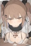  1boy 1girl bar_censor blush breast_squeeze breasts brown_eyes brown_hair censored cum ejaculation girls&#039;_frontline hair_between_eyes hetero large_breasts long_hair looking_at_viewer nawakena open_mouth paizuri penis pov scar scar_across_eye scarf shirt solo_focus speech_bubble translation_request twintails ump9_(girls&#039;_frontline) white_shirt 