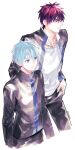  2boys closed_mouth commentary_request frown hand_in_pocket height_difference kagami_taiga kuroko_no_basuke kuroko_tetsuya light_blue_eyes light_blue_hair long_sleeves looking_to_the_side multiple_boys necktie open_clothes pants red_eyes red_hair school_uniform shirt smile torisu white_shirt 