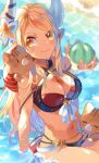  1girl animal_on_shoulder bikini black_bikini blonde_hair blush boar breasts chachi_(azuzu) cleavage closed_mouth dark-skinned_female dark_skin draph flower food fruit granblue_fantasy hair_flower hair_ornament horns kumbhira_(granblue_fantasy) large_breasts long_hair official_alternate_costume outdoors partially_submerged sitting smile solo strap_slip swimsuit water watermelon wet yellow_eyes 