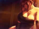  1girl a.x. bare_shoulders blue_eyes blurry breasts brown_hair cleavage closet depth_of_field dress elbow_gloves gloves head_tilt jewelry large_breasts lips long_hair necklace original sideboob solo 