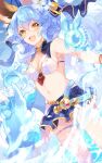  1girl animal_ears armpits bangs bare_shoulders beppo_(granblue_fantasy) bikini bikini_skirt blue_hair blush bracelet breasts chachi_(azuzu) chain cleavage commentary_request dutch_angle erune ferry_(granblue_fantasy) flower geegee_(granblue_fantasy) ghost granblue_fantasy hair_flower hair_ornament highres innertube jewelry long_hair medium_breasts navel nicola_(granblue_fantasy) official_alternate_costume open_mouth outdoors smile solo_focus swimsuit thigh_strap water yellow_eyes 
