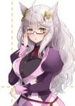  1girl ahoge animal_ears bangs biwa_hayahide_(umamusume) blush breasts ear_ornament eyebrows_visible_through_hair glasses hair_ornament hand_on_eyewear hatomaru_(hatomaru56) highres horse_ears horse_girl long_hair long_sleeves medium_breasts parted_lips puffy_long_sleeves puffy_sleeves red-framed_eyewear red_neckwear silver_hair simple_background solo umamusume upper_body yellow_eyes 