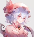  1girl 60mai bat_wings brooch closed_mouth dress eyebrows_visible_through_hair fang grey_background hair_between_eyes hat jewelry mob_cap pink_dress pink_headwear puffy_short_sleeves puffy_sleeves purple_hair red_eyes remilia_scarlet short_hair short_sleeves simple_background smile solo touhou upper_body wings 