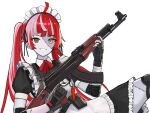  1girl absurdres ahoge ak-47 alternate_costume alternate_hairstyle apron assault_rifle bangs black_dress black_nails colored_skin dress enmaided fingernails grey_skin grin gun heterochromia highres holding holding_gun holding_weapon hololive hololive_indonesia kalashnikov_rifle knee_pads kureiji_ollie long_fingernails looking_at_viewer maid maid_apron maid_headdress multicolored_hair multicolored_skin muramasa_dash patchwork_skin pink_hair red_eyes red_hair rifle sharp_fingernails simple_background sitting smile solo stitched_arm stitched_face stitched_leg stitches two-tone_hair two-tone_skin virtual_youtuber weapon white_background white_skin yellow_eyes zombie 