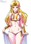  1girl alternate_costume artist_name bangs belt bikini bikini_bottom bikini_top blonde_hair blue_eyes blush bracelet breasts circlet curvy dated earrings gem holding jewelry long_hair looking_at_viewer medium_breasts mina_cream navel necklace parted_bangs pearl_necklace pink_bikini pink_swimsuit pointy_ears princess princess_zelda stomach swimsuit the_legend_of_zelda the_legend_of_zelda:_a_link_between_worlds towel triforce 