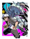  1boy black_hair black_jacket black_pants border commentary_request eyewear_on_head golisopod guzma_(pokemon) highres holding holding_poke_ball hood hooded_jacket jacket male_focus mitsu_(mitu_328) multicolored_hair pants poke_ball poke_ball_(basic) pokemon pokemon_(creature) pokemon_(game) pokemon_sm shirt short_sleeves signature smile smirk sunglasses team_skull teeth two-tone_hair undercut white_border white_hair white_shirt yellow-framed_eyewear 