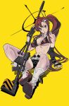  1girl anti-materiel_rifle bangs belt bikini bikini_top blush breasts cleavage fingerless_gloves flame_print gloves gun hair_ornament halftone highres large_breasts long_hair looking_at_viewer navel open_mouth ponytail red_hair rifle scarf short_shorts shorts simple_background skull_hair_ornament sniper_rifle solo studded_belt swimsuit taisowbukurow tengen_toppa_gurren_lagann thighhighs weapon yellow_eyes yoko_littner 