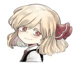  1girl bangs black_vest blonde_hair blush bright_pupils closed_mouth cropped_torso eyelashes from_side hair_ribbon kinnkonnsousai looking_at_viewer medium_hair red_eyes red_ribbon ribbon rumia shirt simple_background smile solo touhou upper_body vest white_background white_shirt yellow_pupils 