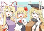  3girls ascot bangs black_dress blonde_hair blue_background blush border bow breasts brown_eyes brown_headwear cape collared_shirt dango dress eyebrows_visible_through_hair food grey_headwear hair_between_eyes hair_bow hair_ribbon hand_on_own_face hat hat_bow highres long_hair looking_at_another looking_down matara_okina medium_breasts mob_cap multiple_girls orange_eyes puffy_sleeves purple_vest red_ascot red_bow red_eyes red_ribbon ribbon rumia scavia10 shirt short_hair simple_background smile star_(symbol) tabard touhou translation_request upper_body vest wagashi white_border white_dress white_headwear white_shirt yakumo_yukari yellow_eyes 