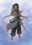  1boy belt black_hair coat haku_(utawarerumono) hakuoro hand_fan highres holding holding_fan holding_sword holding_weapon japanese_clothes katana long_hair looking_at_viewer mask mido_(mimizuku-hukuro) pants ponytail smile snowing standing sword utawarerumono utawarerumono:_itsuwari_no_kamen weapon white_background 