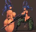 1girl absurdres armband ass bangs bare_arms bare_shoulders belt bikini black_bikini blush boots breasts camouflage closed_mouth commentary fingerless_gloves fingernails from_behind full_body gloves grey_background gun gurimjang highres holding holding_weapon large_breasts lips looking_back midriff multiple_views navel original pants ponytail rabbit_girl rifle scar scar_on_face scope shadow shiny shiny_hair shiny_skin sleeveless sniper sniper_rifle stomach swimsuit tank_top thighs thong_bikini tied_hair weapon 
