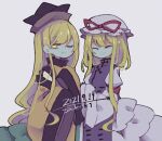  2girls bangs blonde_hair bow cape closed_eyes closed_mouth cosmicmind dress eyebrows_visible_through_hair hat long_hair long_sleeves matara_okina mob_cap multiple_girls one-hour_drawing_challenge red_bow shirt sitting skirt smile tabard touhou yakumo_yukari 