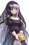  1girl absurdly_long_hair absurdres alternate_costume bangs bare_shoulders bug collarbone dress expressionless eyebrows_visible_through_hair fire_emblem fire_emblem:_the_binding_blade fire_emblem_heroes frilled_dress frills halloween halloween_costume highres holding howaito_gyuunyuu jewelry lolita_fashion long_dress long_hair long_sleeves necklace official_alternate_costume open_mouth puffy_sleeves purple_eyes purple_hair simple_background solo sophia_(fire_emblem) spider standing stuffed_toy veil very_long_hair white_background wrist_cuffs 