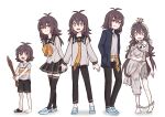  1girl 4boys artist_self-insert clothing_cutout himuhino jacket long_hair messy_hair multiple_boys multiple_persona necktie older original pale_skin sandals shoes shorts single_shoe younger zombie 