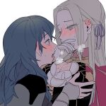  2girls bang_gu9 blue_eyes blue_hair blush breast_grab breast_press breasts breath byleth_(fire_emblem) byleth_(fire_emblem)_(female) cleavage cleavage_cutout clothing_cutout covering_mouth edelgard_von_hresvelg eye_contact eyebrows_visible_through_hair face-to-face fire_emblem fire_emblem:_three_houses garreg_mach_monastery_uniform grabbing heavy_breathing hickey highres licking licking_breast looking_at_another medium_breasts multiple_girls open_mouth purple_eyes saliva saliva_trail teacher_and_student tongue tongue_out white_hair yuri 