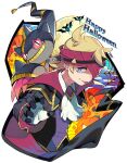  1boy ascot banette blonde_hair blue_eyes buttons cape closed_mouth commentary_request gloves happy_halloween headband highres long_sleeves male_focus mega_banette mega_pokemon mitsu_(mitu_328) morty_(pokemon) official_alternate_costume pikachu pokemon pokemon_(creature) pokemon_(game) pokemon_masters_ex pumpkin purple_headband short_hair signature silk smile spider_web tongue tongue_out white_ascot zubat 