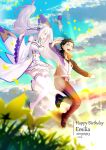  1boy 1girl :d bare_shoulders black_hair detached_sleeves dress emilia_(re:zero) flower frilled_dress frilled_sleeves frills grasslands hair_flower hair_ornament hair_slicked_back happy_birthday highres kumuo_(mirakurufusao) long_hair low-tied_long_hair midair natsuki_subaru open_mouth petals puck_(re:zero) re:zero_kara_hajimeru_isekai_seikatsu short_hair silver_hair smile sunlight thighhighs track_suit 