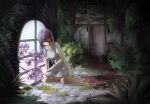  1girl allen_riv bangs barefoot blood breasts closed_eyes closed_mouth dress fate/stay_night fate_(series) hair_ribbon highres indoors light looking_down matou_sakura on_ground plant puffy_sleeves purple_hair ribbon sitting solo tile_floor tiles wet_floor white_dress window 