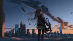  1girl absurdres beett city cityscape cloud desert dusk girls&#039;_frontline gun h&amp;k_ump45 highres holding holding_gun holding_weapon long_hair moon night night_sky orange_sky ruins scenery side_ponytail sky solo submachine_gun ump45_(girls&#039;_frontline) weapon 