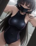 1girl ass_visible_through_thighs black_hair black_swimsuit breasts brown_eyes commentary_request competition_swimsuit covered_navel cowboy_shot dutch_angle ear_piercing eyeshadow film_grain highres indoors large_breasts long_hair looking_at_viewer makeup mask mishiranu_joshikousei_ni_kankin_sareta_mangaka_no_hanashi mouth_mask one-piece_swimsuit piercing ryouma_(galley) solo swimsuit two_side_up 