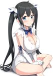  1girl barefoot black_hair blue_bow blue_bowtie blue_eyes blue_ribbon blush bow bowtie breasts cleavage closed_mouth commentary_request dungeon_ni_deai_wo_motomeru_no_wa_machigatteiru_darou_ka eyebrows_visible_through_hair gloves hair_ribbon hestia_(danmachi) highres indian_style large_breasts legs long_hair looking_at_viewer rei_no_himo ribbon simple_background sitting smile solo thighs twintails white_background white_gloves white_ribbon yue_(show-ei) 