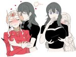  2girls bang_gu9 blue_eyes blush breast_grab breast_squeeze breasts byleth_(fire_emblem) byleth_(fire_emblem)_(female) cleavage cleavage_cutout clothing_cutout crumbs eating edelgard_von_hresvelg fire_emblem fire_emblem:_three_houses food fruit grabbing groping heart horns large_breasts medium_breasts multiple_girls peach purple_eyes teacher_and_student white_background white_hair yuri 