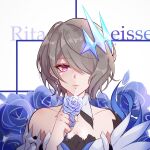  1girl 97552153 bangs bare_shoulders blue_flower blue_rose brown_hair character_name closed_mouth earrings flower hair_between_eyes hair_ornament hair_over_one_eye highres holding holding_flower honkai_(series) honkai_impact_3rd jewelry looking_at_viewer mole mole_under_eye purple_eyes rita_rossweisse rita_rossweisse_(artemis) rose short_hair single_earring smile solo white_background white_flower white_rose 
