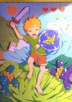  1boy bandaid bandaid_on_knee barefoot child closed_eyes commentary game_boy handheld_game_console heart lying male_focus noeyebrow_(mauve) on_back oni open_mouth orange_hair original shield short_hair shorts sleeping solo stuffed_toy sun sword toy weapon 