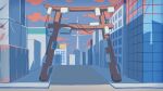  building city cityscape cloud construction_site fence maako_(yuuyake.) official_art pavement power_lines red_clouds road scaffolding street tarpaulin torii tower wooden_fence 