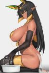  1girl animal_ears ankh black_hair breasts chela77 commentary dark-skinned_female dark_skin egyptian egyptian_clothes english_commentary extra_ears from_side gloves green_eyes hair_ornament highres huge_breasts jackal_ears jewelry last_origin long_hair looking_at_viewer nipples pointy_ears revealing_clothes sekhmet_of_death sideboob tan thighhighs white_background 