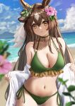  1girl absurdres animal_ears bangs bare_shoulders beach bikini blue_sky blurry blurry_foreground blush breasts brown_hair choker cleavage cloud collarbone cowboy_shot day depth_of_field ear_ornament eyebrows_visible_through_hair flower frilled_bikini frills green_bikini green_choker green_ribbon grey_hair hair_between_eyes hair_flower hair_ornament hibiscus highres horse_ears large_breasts long_hair long_sleeves looking_at_viewer multicolored_hair navel ocean open_clothes open_shirt parted_lips pink_flower ribbon satono_diamond_(umamusume) shirt side-tie_bikini sky sleeves_past_wrists smile solo stomach straight_hair swimsuit tikichin0229 two-tone_hair umamusume undressing very_long_hair water white_shirt yellow_eyes 