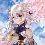  1girl 97552153 bangs bare_shoulders blue_eyes blue_flower blue_sky cherry_blossoms china_dress chinese_clothes closed_mouth cloud dress earrings flower hair_between_eyes hair_flower hair_ornament hand_fan highres holding holding_fan honkai_(series) honkai_impact_3rd jewelry long_hair looking_at_viewer outdoors petals sky sleeveless solo theresa_apocalypse theresa_apocalypse_(starlit_astrologos) white_flower white_hair zhuge_kongming_(honkai_impact) 