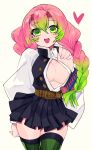  1girl :d bangs belt blush breasts cleavage gakuran gradient_hair green_eyes green_hair green_legwear hacco_mayu heart highres kanroji_mitsuri katana kimetsu_no_yaiba looking_at_viewer mole mole_under_eye multicolored_hair open_clothes open_mouth pink_hair pleated_skirt school_uniform sheath sheathed simple_background skirt smile solo sword teeth thighhighs weapon white_background 