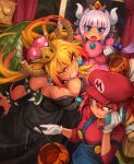  3girls armlet black_dress bowsette bowsette_(cosplay) bracelet breasts commentary cosplay crown dragon_horns dress english_commentary glasses halloween halloween_costume hat highres horns jack-o&#039;-lantern jewelry kanna_kamui khyle. kobayashi-san_chi_no_maidragon kobayashi_(maidragon) large_breasts looking_at_viewer mario mario_(cosplay) mario_(series) mini_crown multiple_girls new_super_mario_bros._u_deluxe overalls panties pink_dress princess_peach princess_peach_(cosplay) red_headwear smile spiked_armlet spiked_bracelet spikes super_crown tohru_(maidragon) underwear 
