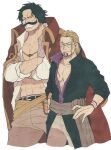  2boys black_hair blonde_hair coat coat_on_shoulders cropped_legs crossed_arms facial_hair glasses gol_d._roger grin hair_slicked_back hands_on_hips hat male_focus multiple_boys mustache one_piece pectoral_cleavage pectorals pirate_hat rrrhigemegane sash scar scar_across_eye silvers_rayleigh smile stubble 