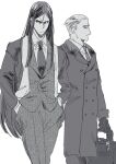  2boys alternate_costume briefcase coat fate/zero fate_(series) formal frown gloves greyscale hair_slicked_back hands_in_pockets highres hya_(ohyaarin) kayneth_el-melloi_archibald long_hair lord_el-melloi_ii lord_el-melloi_ii_case_files male_focus monochrome multiple_boys necktie overcoat suit symbol-only_commentary waver_velvet 