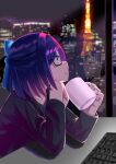  1girl a-chan_(hololive) black-framed_eyewear black_jacket black_shirt blue_bow blurry blurry_background bow building cityscape commentary_request cup depth_of_field glasses hair_bow highres holding holding_cup hololive indoors jacket keyboard_(computer) long_sleeves looking_away looking_to_the_side mug natsuki_(natukituki) night parted_lips purple_eyes purple_hair reflection shirt skyscraper solo window 