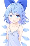  1girl :d alternate_costume arm_behind_back bangs blue_bow blue_eyes blue_hair blush bow breasts cirno commentary e.o. eyebrows_visible_through_hair fang hair_bow highres ice ice_wings lingerie looking_at_viewer negligee open_mouth shiny shiny_hair short_hair simple_background skin_fang small_breasts smile solo spaghetti_strap standing touhou underwear upper_body white_background wings 