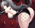  1girl absurdres arknights ass bangs bare_shoulders bent_over black_gloves black_legwear blush breasts closed_mouth elbow_gloves eyebrows_visible_through_hair fishnet_legwear fishnets from_behind gloves grey_hair highres kanta_(kanta_077) leotard long_hair looking_at_viewer looking_back playboy_bunny ponytail schwarz_(arknights) solo tail thighs yellow_eyes 