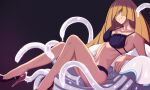  1girl blonde_hair full_body green_eyes grin high_heels highres long_hair long_legs looking_at_viewer lusamine_(pokemon) lying md5_mismatch nihilego pokemon pokemon_(creature) pokemon_(game) pokemon_sm simple_background sitting smile tentacles ultra_beast vivivoovoo 