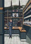  2boys black_hair blonde_hair book bookshelf cabinet crocodile crocodilian fate/zero fate_(series) formal gem hair_slicked_back highres hya_(ohyaarin) indoors kayneth_el-melloi_archibald long_hair lord_el-melloi_ii lord_el-melloi_ii_case_files male_focus multiple_boys suit taxidermy waver_velvet 