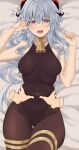  1girl @_@ absurdres altruwishm bangs bed bed_sheet bell black_legwear blue_hair blush bodystocking breasts covered_navel curled_horns disembodied_limb embarrassed eyebrows_visible_through_hair ganyu_(genshin_impact) genshin_impact highres horns leotard leotard_under_clothes long_hair looking_at_viewer medium_breasts neck_bell no_gloves open_mouth purple_eyes sidelocks sleeveless solo_focus sweatdrop thigh_gap thighlet torso_grab very_long_hair 