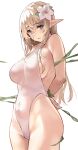  1girl arms_behind_back blonde_hair blush bound bound_wrists breasts commentary covered_navel elf eyebrows_visible_through_hair flower green_eyes hair_between_eyes hair_flower hair_ornament highleg highleg_leotard highres kekemotsu large_breasts leotard long_hair looking_at_viewer original plant pointy_ears restrained sideboob sideways_glance simple_background solo thighs vines white_background white_leotard 